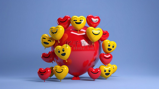 社交媒体气球符号与心脏 3D 渲染 Facebook 反应心脏表情符号