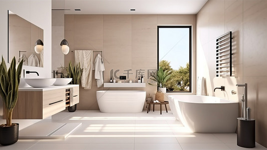 酒店背景图片_有白色卫生间和棕色白色内部3d渲染的家庭浴室