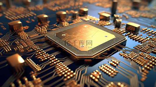 科技背景电子芯片背景图片_具有集成电子芯片的电路板的 3D 渲染