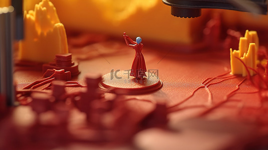 空中拍摄的当代 3D 打印机近距离制作小型红色雕塑