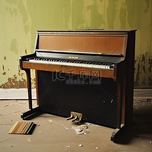 五一钢琴背景图片_地板上放着一架带有钢琴键的钢琴