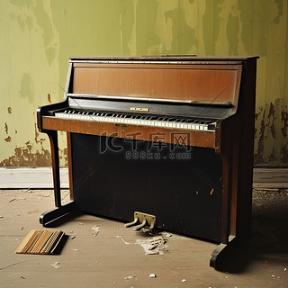 地板上放着一架带有钢琴键的钢琴