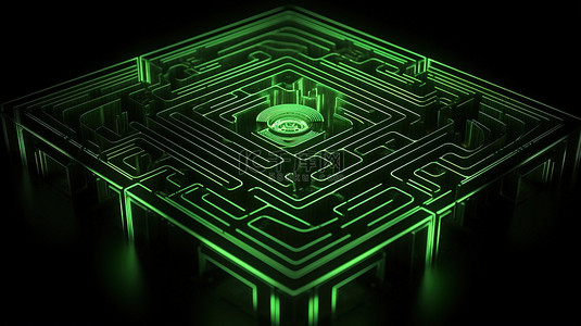 等距绿色迷宫立方体概念一个在黑色背景上隔离的迷宫的抽象 3D 插图
