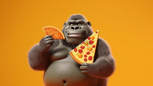 可爱的 3d 胖乎乎的大猩猩，有一个标志和一个披萨