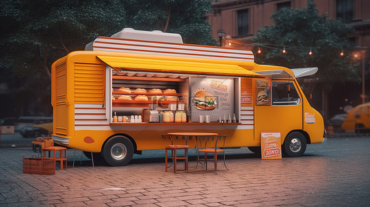 流行的移动食品供应商热狗车汉堡车披萨车等的 3D 效果图