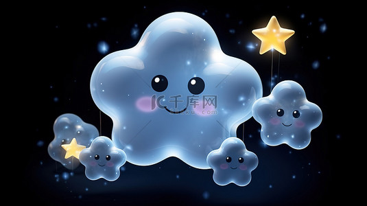 晚安夜晚背景图片_3D 渲染图片卡通夜空与发光的星星白云和气泡