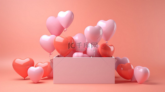 浅粉色背景，带有 3d 渲染的粉色盒子和白色橙色和粉色的心形气球