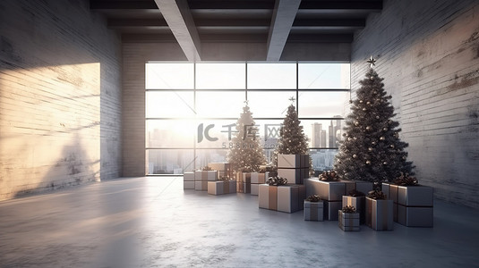 现代住宅的大露台拥有 3D 渲染的圣诞树和礼品盒