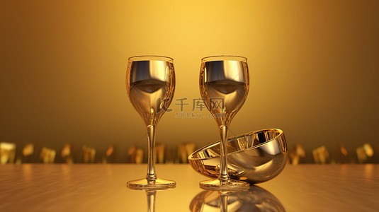 酒背景图片_漂浮在金色背景上的香槟酒杯的高架 3D 视图非常适合庆祝圣诞节和新年