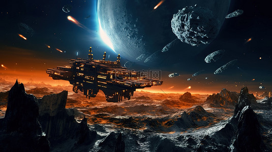 战斗背景图片_垂直插图 3D 艺术描绘了外星球上空的科幻太空战斗