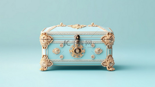 珠宝时尚背景图片_柔和的蓝色背景上闪闪发光的配饰宝箱，3D 渲染的豪华珠宝盒