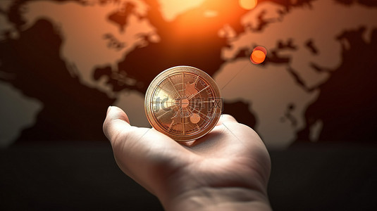 底部导航背景图片_导航全球商业格局，手拿硬币指向成功的箭头的 3D 渲染