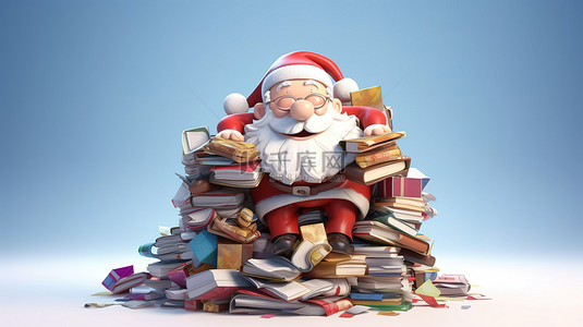 卡通圣诞老人在一堆礼物中分类的节日 3D 插图
