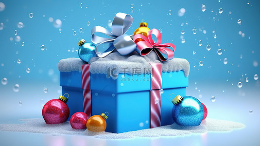节日蓝色蛋糕的 3D 插图，上面有可爱的气球融化的雪和蓝色礼品盒，为圣诞节欢呼