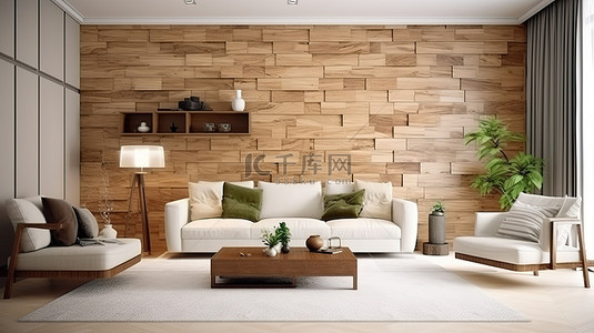 时尚的 3D 渲染现代客厅与引人注目的垂直木纹墙 D Cor