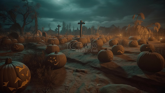 幽灵般的万圣节场景幽灵般的南瓜在 3D 插图中出没于墓地