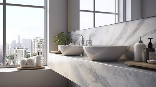 光滑的大理石桌面非常适合时尚的现代浴室内部 3D 渲染