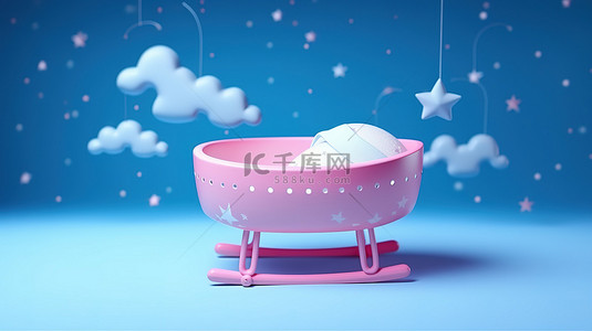 蓝色背景下云月和星星下粉色婴儿摇篮的梦幻 3D 渲染