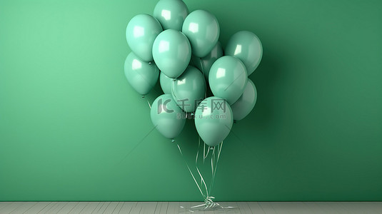 漂浮背景装饰背景图片_绿墙背景装饰着 3D 插图渲染中捕获的一群气球