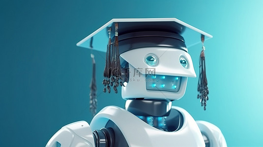 看电子书背景图片_机器人戴着毕业帽，用 3D 渲染象征机器学习概念