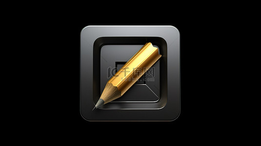用于 ui ux 设计的黑色方形键按钮界面元素上的金色铅笔图标的 3D 渲染