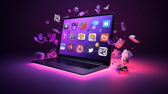 在模糊的紫色背景下从 3D 渲染笔记本电脑中出现的社交媒体图标和形状