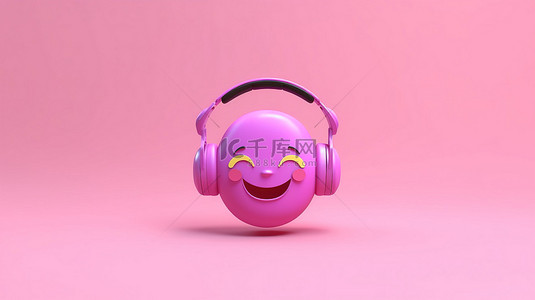 带有耳机和粉色背景音乐主题的表情符号的充满活力的 3D 渲染