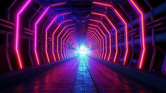 led背景图片_具有霓虹灯反射抽象 3D 渲染的未来科幻隧道
