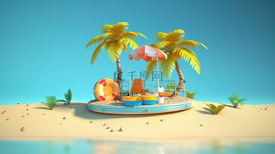 海滩沙滩背景图片_渲染的夏季度假的 3D 概念