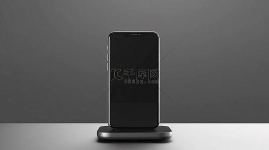 技术手机背景图片_带有黑色智能手机模型和白色屏幕的无线充电设备的 3d 渲染