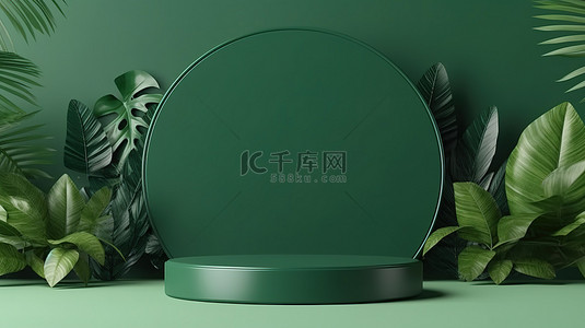 绿叶背景图片_自然启发的 3D 讲台展台展示简约的绿色产品展示和绿叶阴影背景