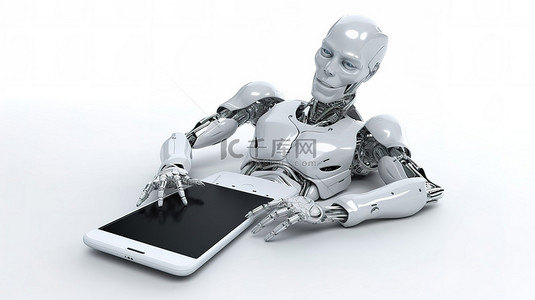 安卓手机背景图片_带有空白手机显示屏的机器人或机器人的孤立白色背景 3d 渲染