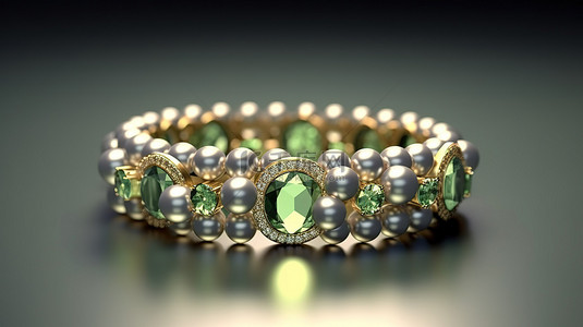 珍珠和绿色水钻点缀时尚手链 3D 插画