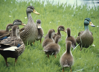 一群鸭子和幼鸭站在草地上