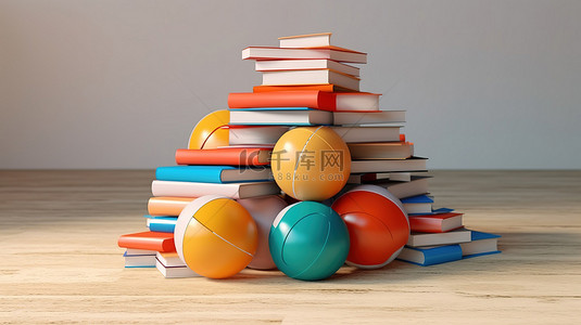 夏末的象征意义 瘪了的沙滩球在书顶上 简约的设置 3D 渲染