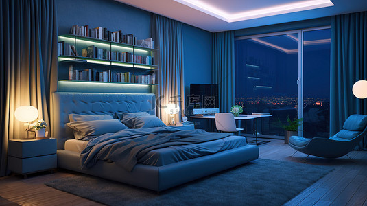 蓝色墙壁卧室的 3D 渲染，配有夜灯，营造出舒适的夜间外观