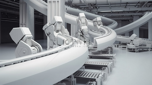 工业电子背景图片_空传送带伴随着 3D 渲染中的白色机械臂