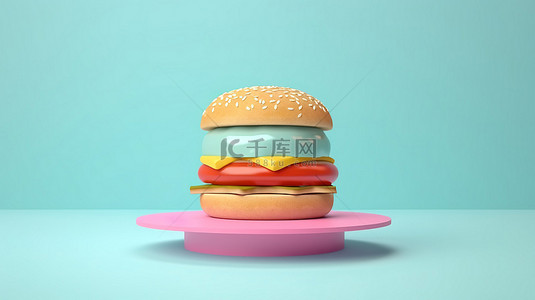 柔和的蓝色背景与简约的 3D 粉色芝士汉堡