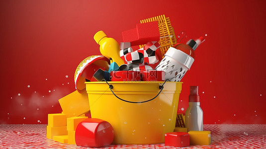 卫生用品背景图片_用于清洁产品套装的红桶黄色橡胶手套海绵和喷雾瓶的 3D 渲染