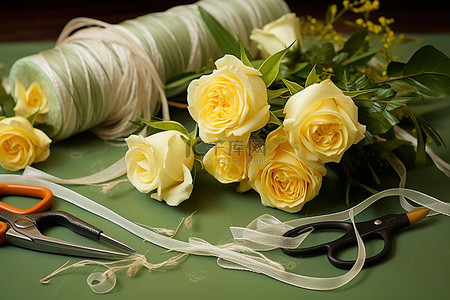 白玫瑰背景图片_鲜花鲜花一束白玫瑰剪刀和其他工具
