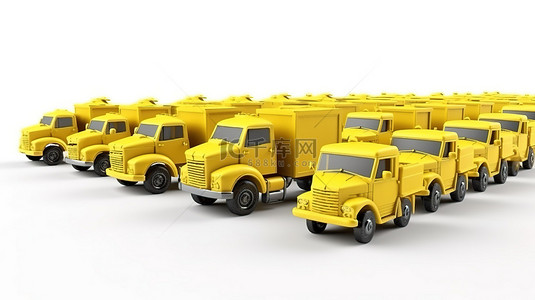 白色背景上可爱的儿童模型汽车和黄色卡车的 3D 渲染，带有自卸卡车图案