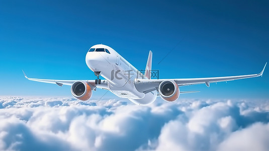 蓝色背景下飞机在天空和云层中翱翔的航空幻想 3D 渲染