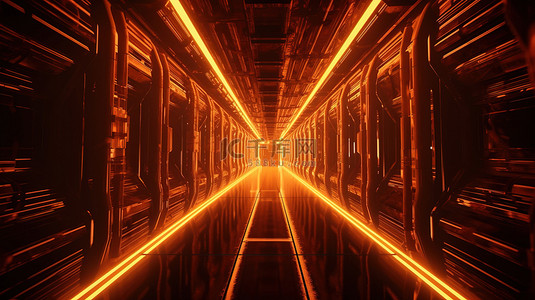 具有霓虹灯科幻背景的未来派橙色金色宇宙飞船走廊 3D 渲染图