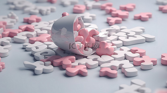 3D 渲染中心脏拼图和粉红色药丸的真实设计，标志着白色背景下的治疗概念