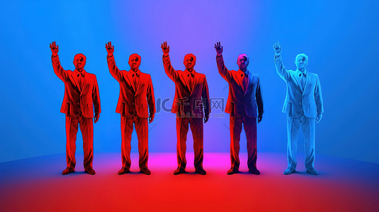 一群身着红色西装的企业专业人士举手并呈现蓝色思想 3D 渲染图像