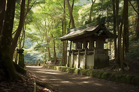 q版日本武士背景图片_靠近小径和树木的古老神社