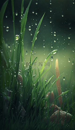 雨背景图片_雨滴草丛下雨的春天背景