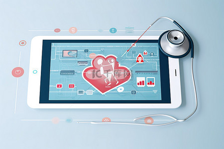 健康管理背景图片_带有听诊器和图标的平板电脑设备的图像