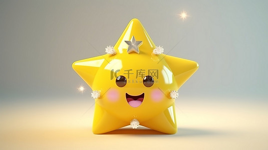 赢得好运概念 3D 渲染一颗可爱的黄色星星，上面戴着水晶