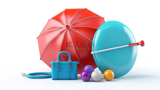 伞背景图片_充满活力的海滩配件 3D 渲染彩色手提箱伞球和救生圈在白色背景